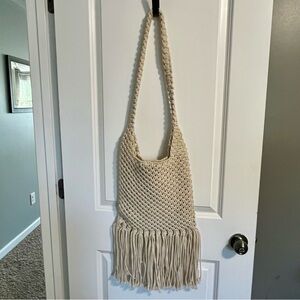 Macrame Fringe Tote Bag Cream Beach Boho Market Produce crossbody bag